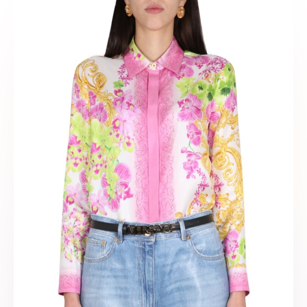 Versace Floral Print Scarf with Pink and Green Shirt NWT SZ44